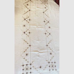 Vintage Linen Tablecloth Cutwork Embroidered Taupe On Ecru